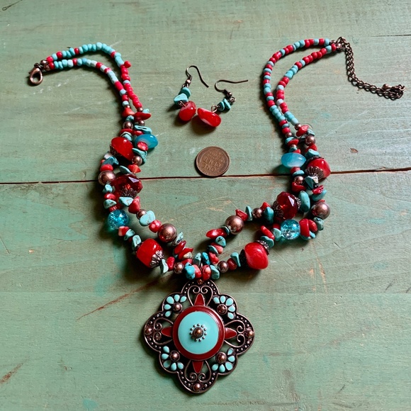 Gem & Enamel Pendant Necklace & Earring Set - Festival Wear Hippie - Boho Set - Picture 12 of 14